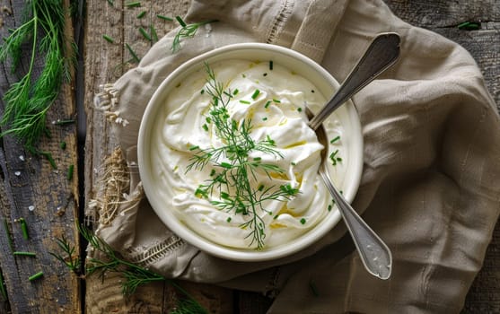 A luscious creamy dip is adorned with sprigs of aromatic dill and chives, creating a visually captivating and appetizing presentation on a rustic wooden surface