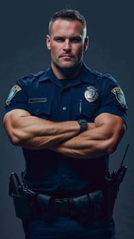 A stern-looking male police officer with crossed arms and a dark, focused backdrop