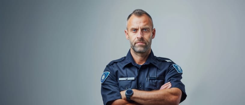 A seasoned police officer in uniform displays a determined expression, conveying a sense of dedication and commitment to his role in public service and community protection