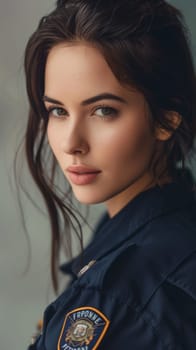 An arresting portrait of a woman with deep brown hair and piercing eyes in a dark police uniform, radiating a professional demeanor