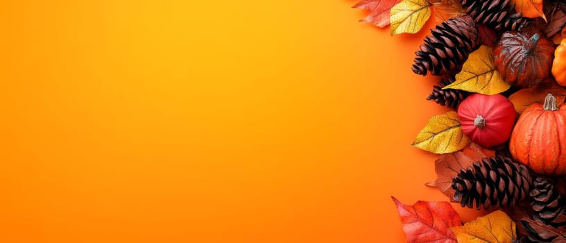 Autumn leaves, pine cones, and pumpkins on an orange background, perfect for seasonal themes with copy space.
