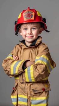 A young boy with a beaming smile showcases his firefighter gear, complete with a helmet and reflective stripes