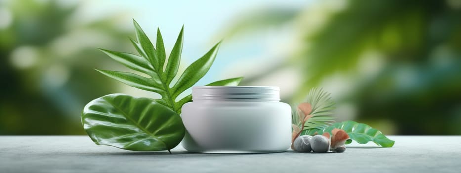 Natural skincare cosmetics cream jar product with green plant banner background with copy space. Beauty and skin care herbal organic product deep hydration or soothing swatch. AI Generative content