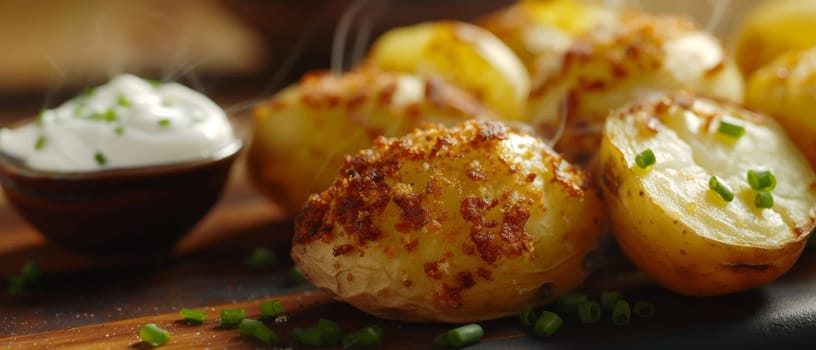 Freshly baked potatoes are topped with a dollop of cool, creamy sour cream and garnished with finely chopped chives, creating a simple yet delectable side dish
