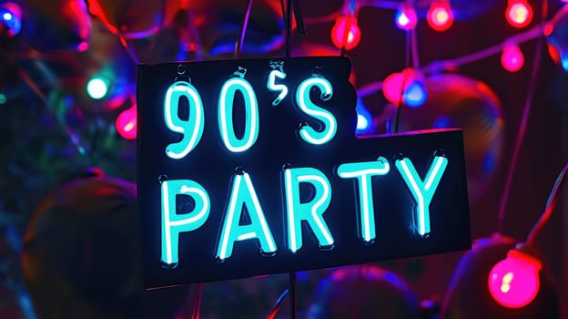 Vibrant purple neon 90s PARTY sign in retro style glowing maximalist background AI Generated content