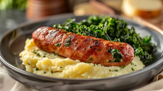 Dutch stamppot, a hearty dish of mashed potatoes with kale and smoked sausage. A comforting Dutch classic served on a plate