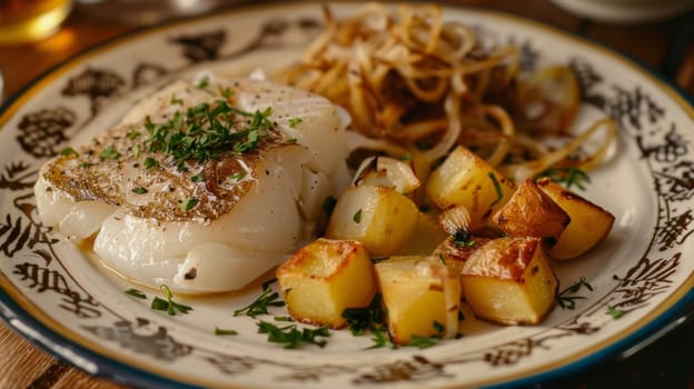 A delicious serving of traditional Portuguese bacalhau a bras, made with shredded salt cod, onions, and fried potatoes, beautifully presented on a white plate