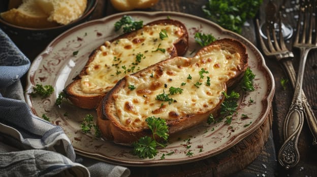 A delicious serving of traditional Welsh Rarebit - toasted bread topped with a savory cheese sauce, presented on a vintage ceramic plate. A classic British comfort food