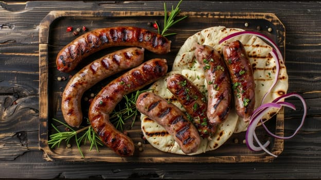 Traditional Serbian dish, Cevapi - small grilled meat sausages served on a rustic tray with flatbread, a perfect representation of Balkan cuisine