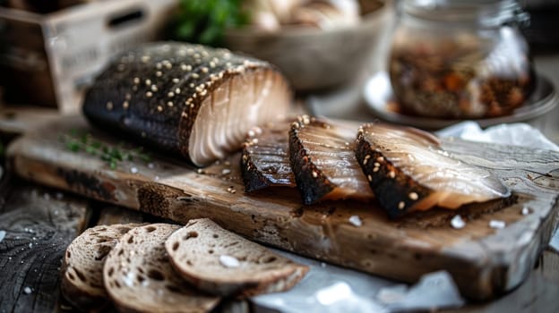 A traditional Icelandic delicacy, fermented shark or hakarl, served on a rustic wooden board with rye bread