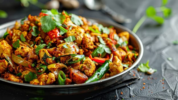 A tantalizing plate of traditional Sri Lankan kottu, featuring chopped roti stir-fried with a medley of fresh vegetables and succulent chicken pieces. A true delight for the senses