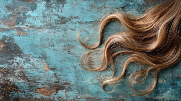 A strand of long wavy hair lies gracefully on a rustic blue textured background highlighting the contrast between the colors and textures.