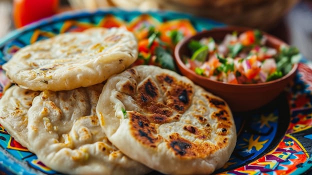 Authentic Salvadoran pupusas served on a vibrant plate, accompanied by traditional curtido and tomato salsa. A delightful representation of Central American cuisine