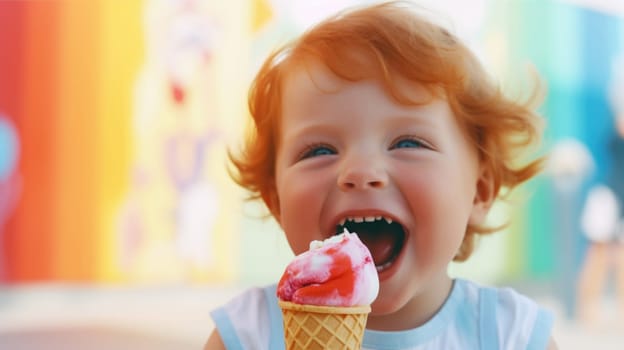 Redhead little kid portrait enjoying vibrant color ice cream cone, copy space. AI Generated content