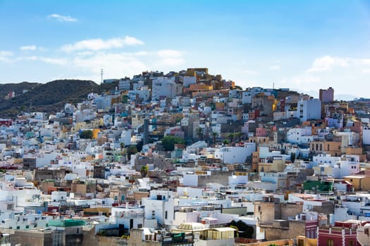 Panoramic top view of the capital Las Palmas Gran Canaria in Spain with blue sky