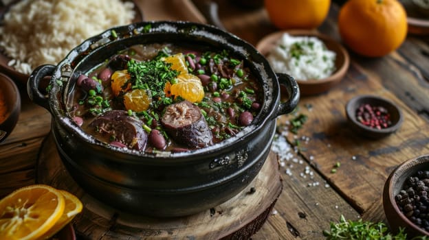 A hearty serving of Italian Brazilian Feijoada, a traditional stew of beans with beef and pork, served in a cast-iron pot with rice, oranges, and farofa