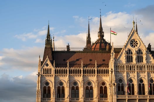 Detail of the Parliament building, facades and dome, in Budapest, Hungary