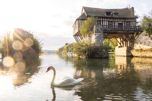 Vernon, France- August 26 2024: The beautiful old mill on the broken bridge over Seine river with a swan in the foreground in Vernon, Normandy, France