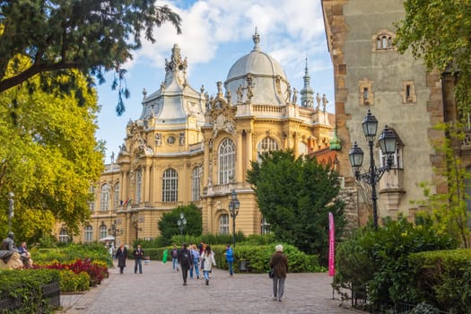 Budapest, Hungary- September 30 2024: Vajdahunyad Castle, the agricultural museum in main city park Varosliget in Budapest visited by tourists, Hungary