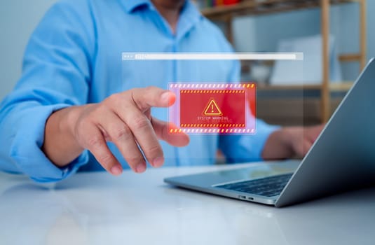 System warning hacked alert, Staff receive notifications from the system fraud alert, Laptop shows a warning sign of system failure, Notification spam, Cyber attack on network, Virus and Cybersecurity