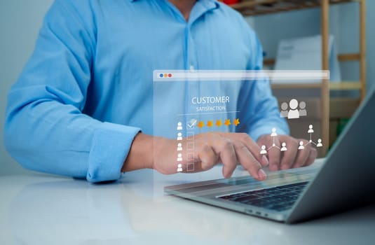 Businessman showing rating customer service and satisfaction rating on virtual screen, Global online quality business network, User give rating to service experience on online application, Five star.