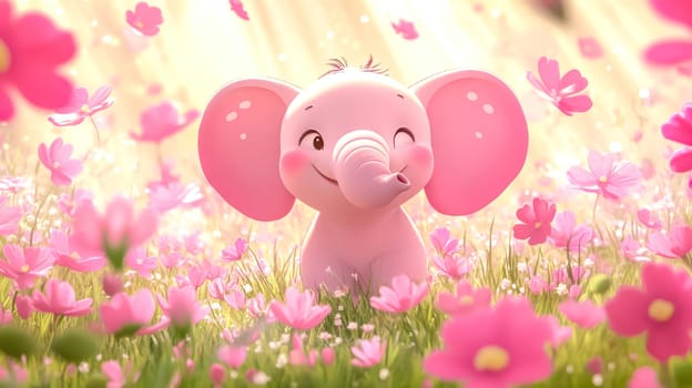 Cute pink elephant cartoon happily sits in a field of pink flowers, winking playfully. Radiating love and joy, perfect for fun and beauty messages