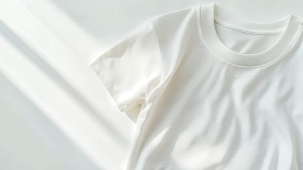 White t shirt on a smooth surface in soft daylight, inviting creativity for design and style. Clean, minimal, with ample copy space. Perfect for showcasing clothing designs