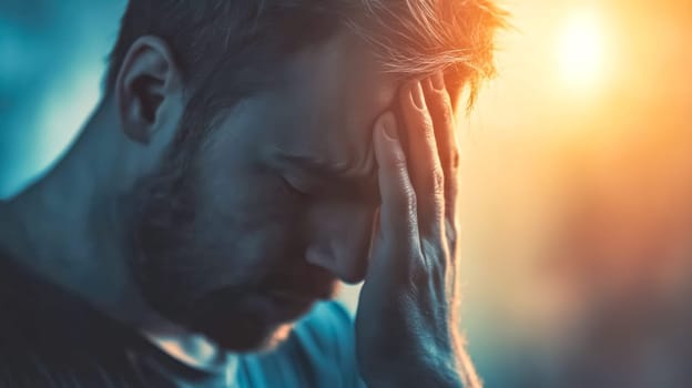 Man holds his head. Showing deep emotional pain and despair. Struggling with depression. Sadness. Loneliness. Anxiety. And stress. Reflecting burnout. Fatigue. Grief. And regret