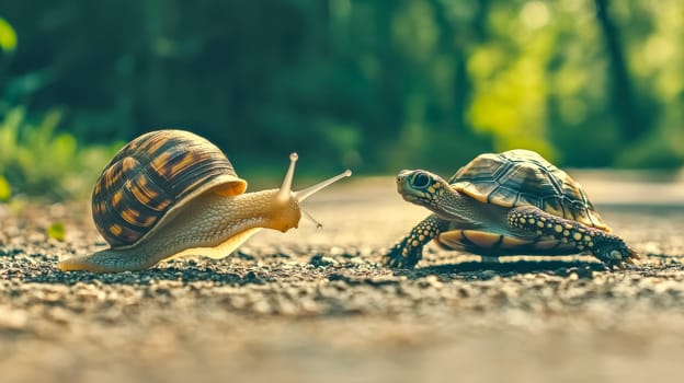 Snail and a tortoise are racing side by side on a rural road, showcasing a contrast between slow and steady progress versus a swift approach