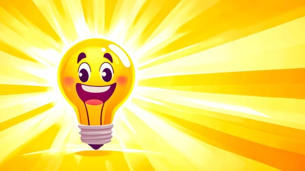 Cartoon light bulb character smiling and bringing a new idea with a bright yellow background, perfect for topics such as creativity and inspiration