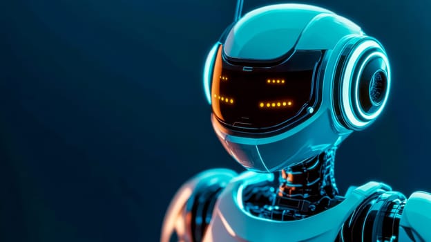 Futuristic robot with glowing eyes is standing in front of a dark blue background, symbolizing artificial intelligence