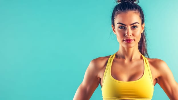 Confident woman in sportswear exudes strength and determination against turquoise background, embodying motivation and power