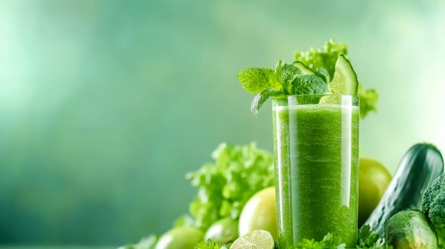 Glass of green smoothie surrounded by fresh vegetables and fruits is standing on a wooden table with a green background