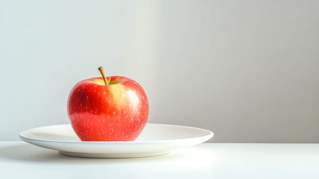 Red apple on a white plate, highlighting its natural beauty. Tranquil with soft lighting and a neutral background
