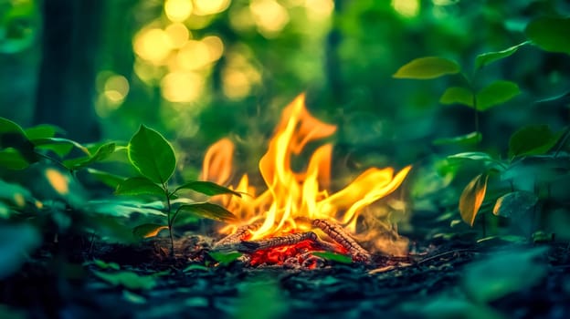 Crackling campfire glows warmly in the forest at sunset, creating a cozy atmosphere for camping and outdoor adventures