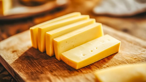 Several slices of cheese are neatly arranged on a wooden cutting board, creating an inviting presentation that highlights the cheese's texture and color