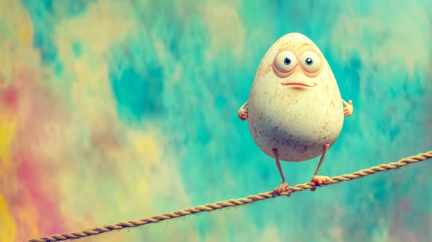 Funny egg character skillfully balances on a tightrope, showing determination and courage. The cute expression adds humor to the scene. Vibrant colors make it engaging and unique
