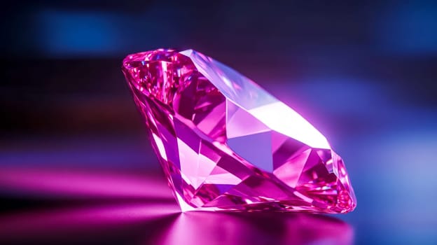 Sparkling large pink diamond reflects on a smooth surface against a blue and purple background, exuding wealth and elegance