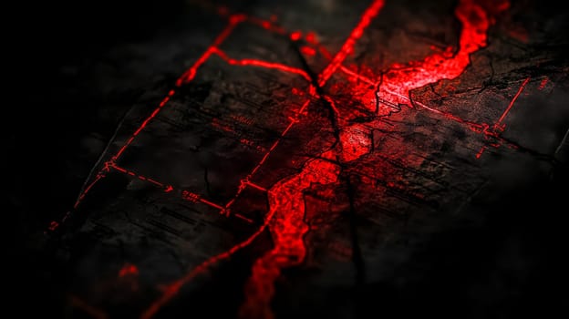 Dark and ominous view of glowing lava engulfing a city map, highlighting the devastating impact of a volcanic eruption on urban areas