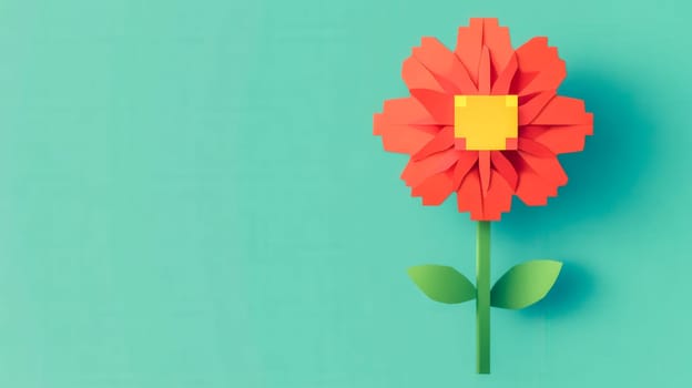 Vibrant red pixel art paper flower on a bright turquoise background with copy space, exuding a cheerful and positive vibe for creative projects