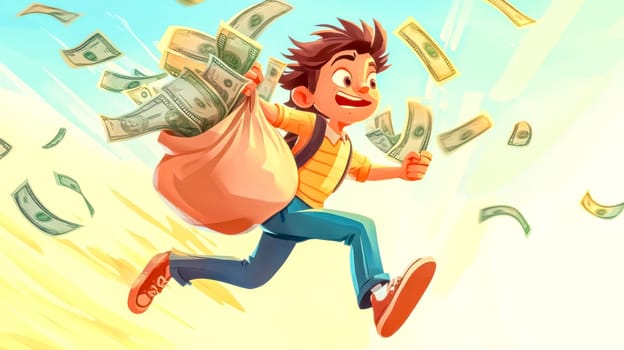 Joyful cartoon boy runs happily through the sky with a big bag of money, surrounded by dollar bills. He embodies childhood innocence and financial abundance