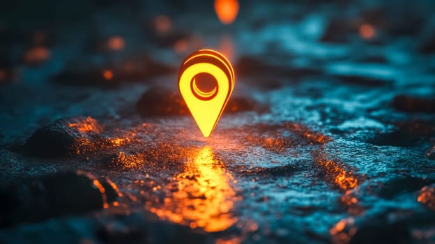 Glowing orange location pin is hovering over a reflective abstract surface, casting warm light on the textured terrain