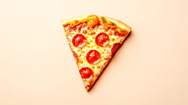 Mouthwatering slice of pepperoni pizza on a clean background, highlighting its cheesy and meaty goodness. Perfect for a quick and satisfying meal. Ideal for menus, takeout, or parties