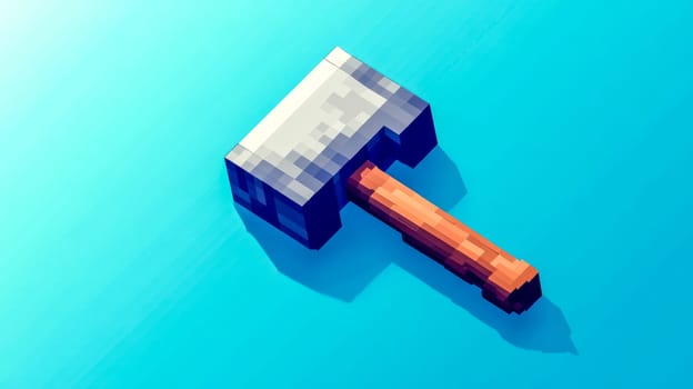 3d rendering of a pixelated axe casting a strong shadow on a blue background, perfect for projects related to video games, technology, and digital art