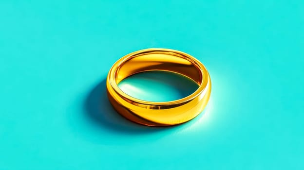 Golden ring is laying on a vibrant blue background, casting a subtle shadow. The image evokes feelings of luxury, elegance, and simplicity