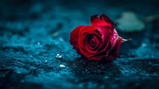 Red rose with water droplets on blue glitter, symbolizing love and passion, perfect for celebrations. Elegant petals and a moody background add mystery