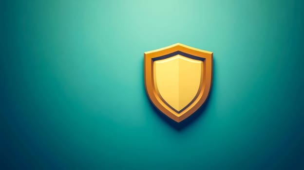 Shiny golden shield offers protection on a vibrant turquoise background, ideal for business concepts. Symbolizing cybersecurity, it conveys safety and reliability