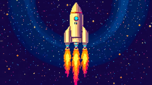 Pixel art rocket ship is launching into a colorful and vibrant starry night sky, evoking a sense of nostalgia for classic video games