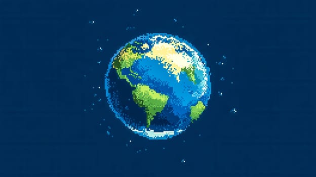 Colorful and stylized pixel art illustration of planet earth, showcasing continents and oceans, set against a dark blue background, evoking a sense of digital nostalgia