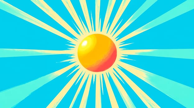 Illustration of a bright yellow sun with a red center shining on a blue sky background, with yellow rays coming out of it